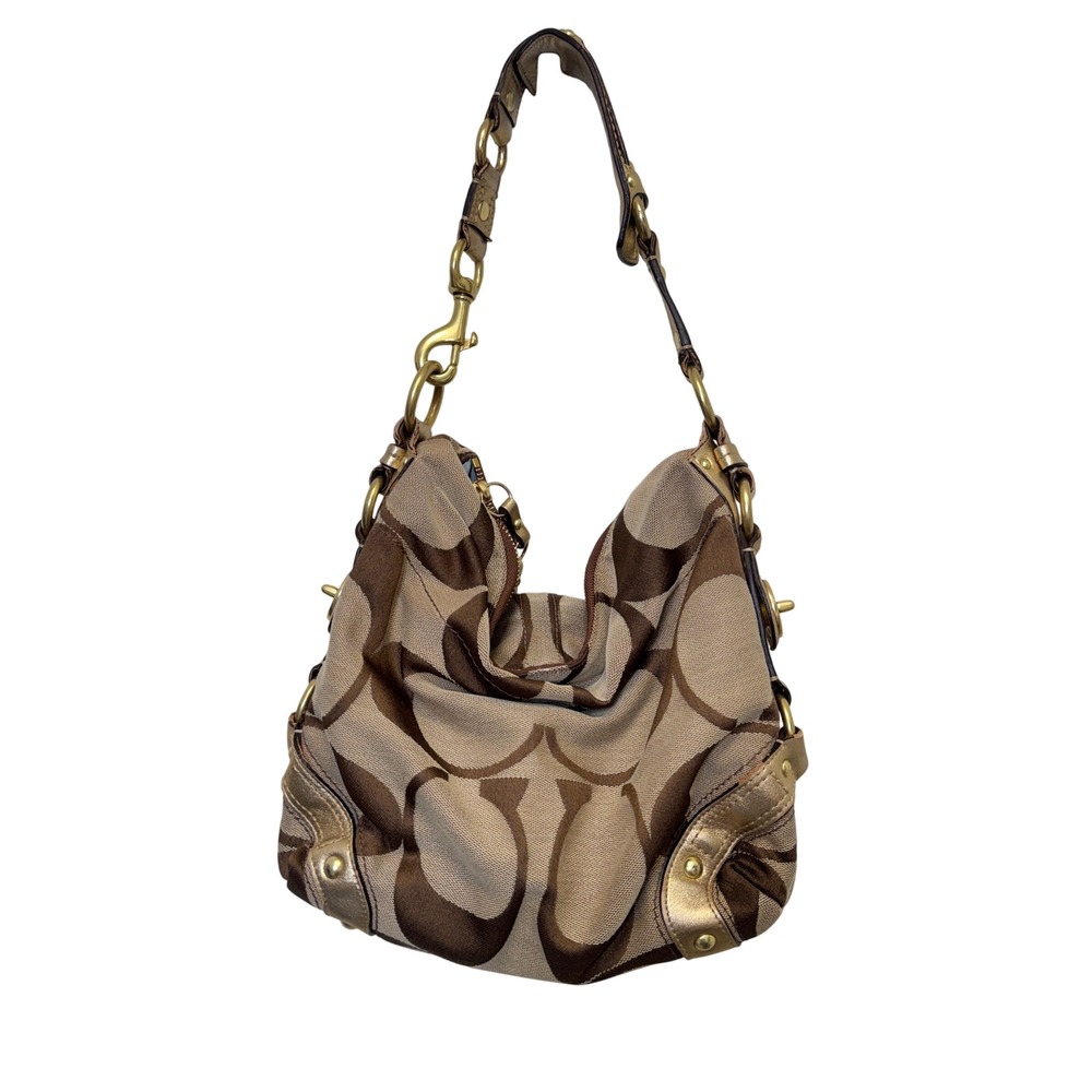 Coach 10619 Carly Hobo Shoulder Bag Brown Gold Signature Canvas Jacquard Vtg Y2K
